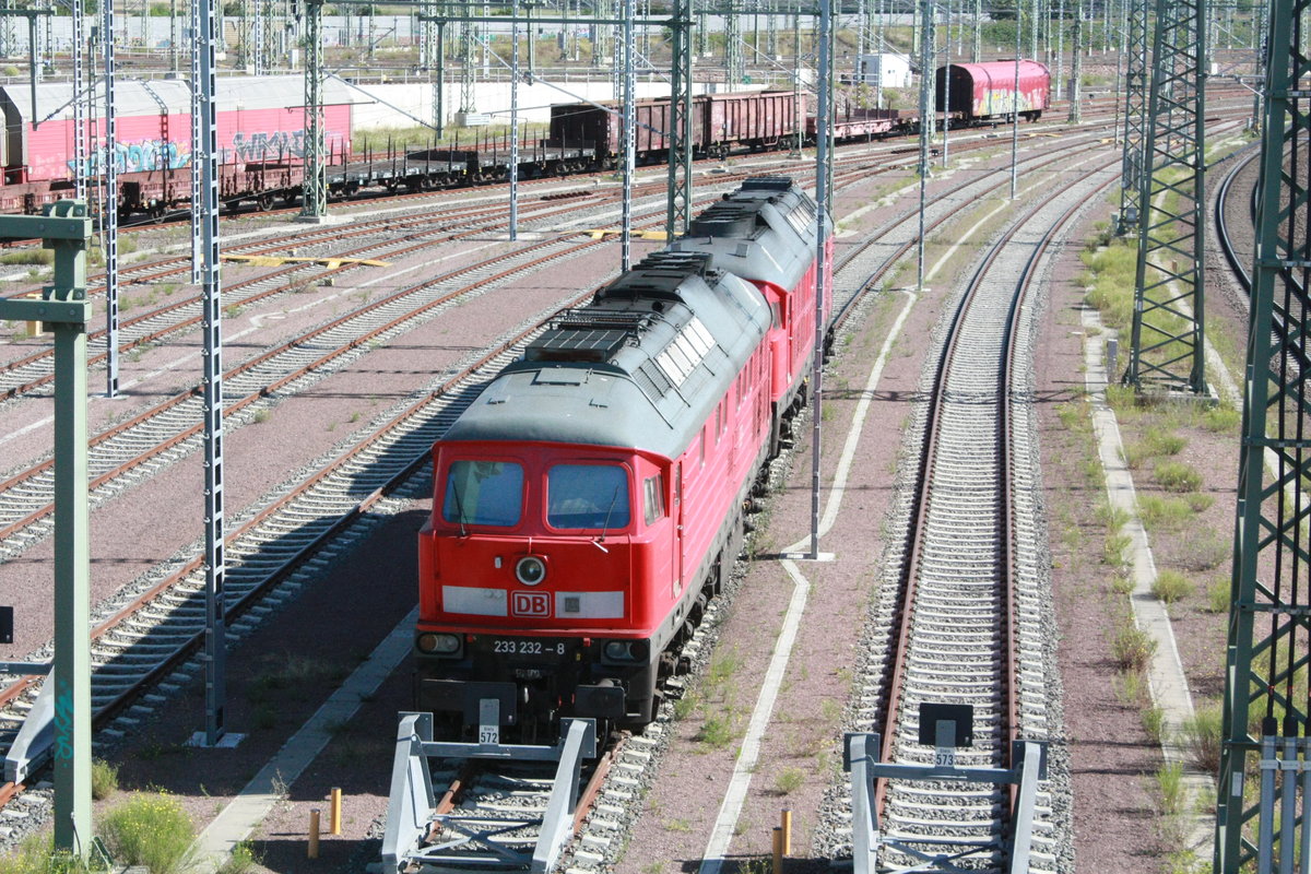 233 232 mit einer Schwestermaschine abgestellt am Bw Halle G in Halle/Saale am 30.7.20