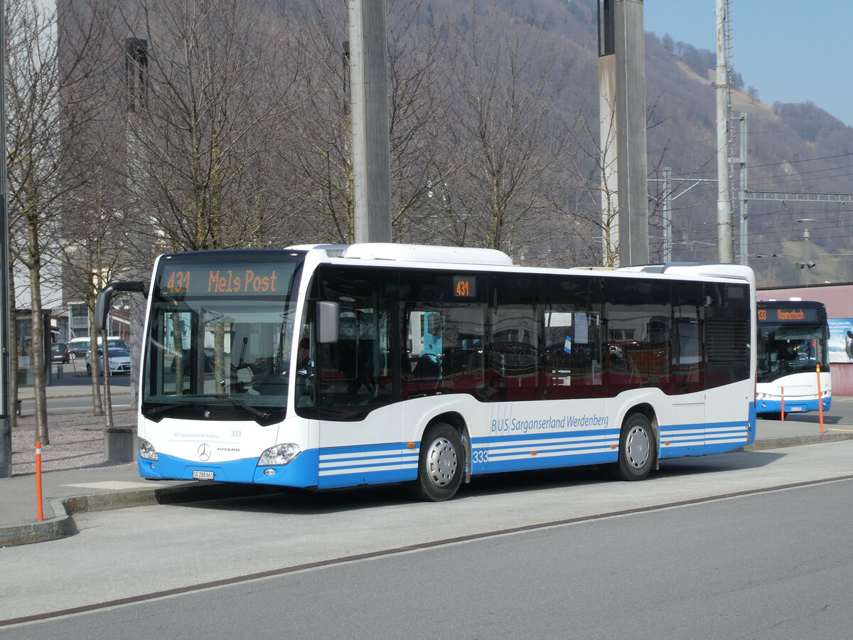 (233'556) - BSW Sargans - Nr. 333/SG 288'661 - Mercedes am 8. Mrz 2022 beim Bahnhof Sargans