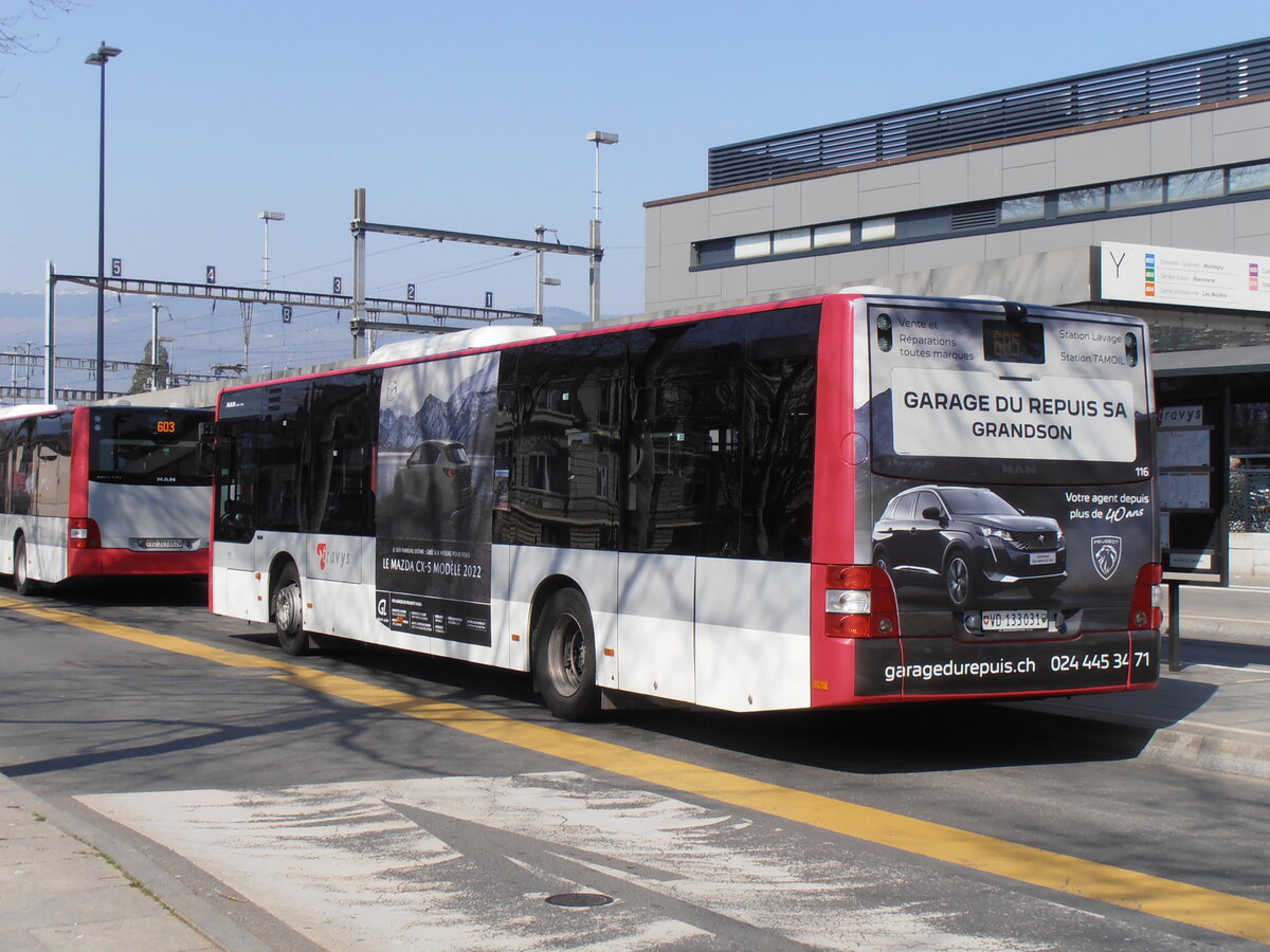 (234'037) - TRAVYS Yverdon - Nr. 116/VD 133'031 - MAN am 20. Mrz 2022 beim Bahnhof Yverdon