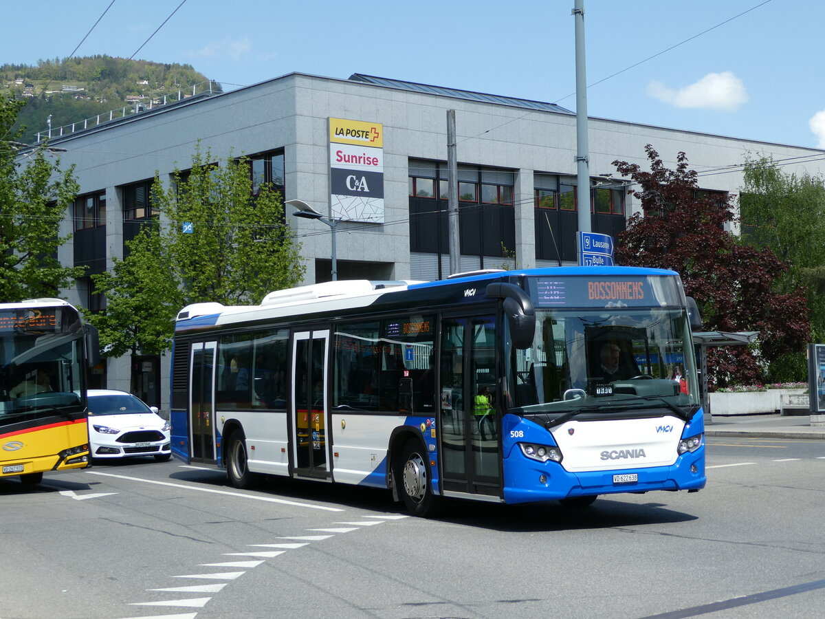 (234'951) - VMCV Clarens - Nr. 508/VD 622'638 - Scania am 30. April 2022 beim Bahnhof Vevey