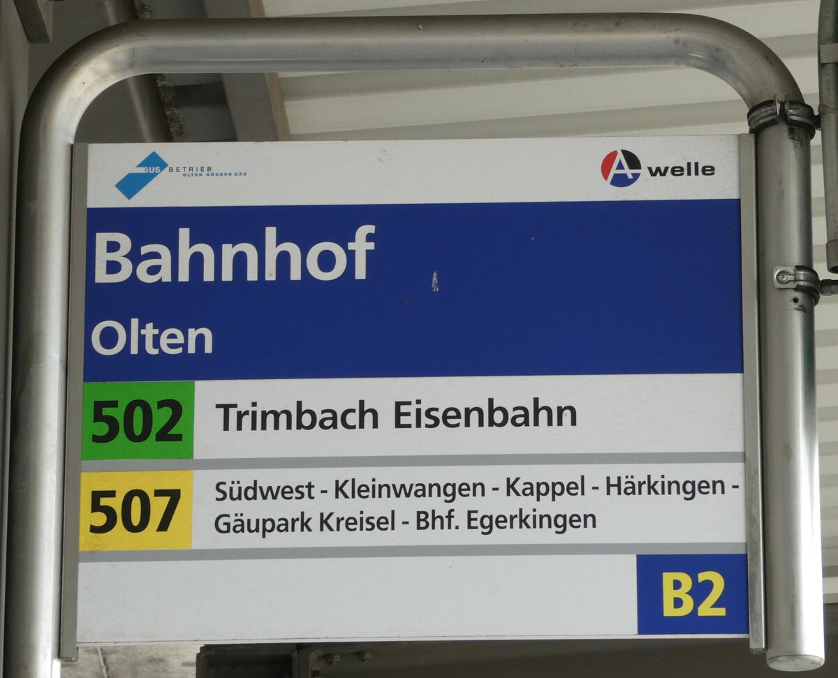 (236'186) - BOGG/A-welle-Haltestellenschild - Olten, Bahnhof - am 22. Mai 2022