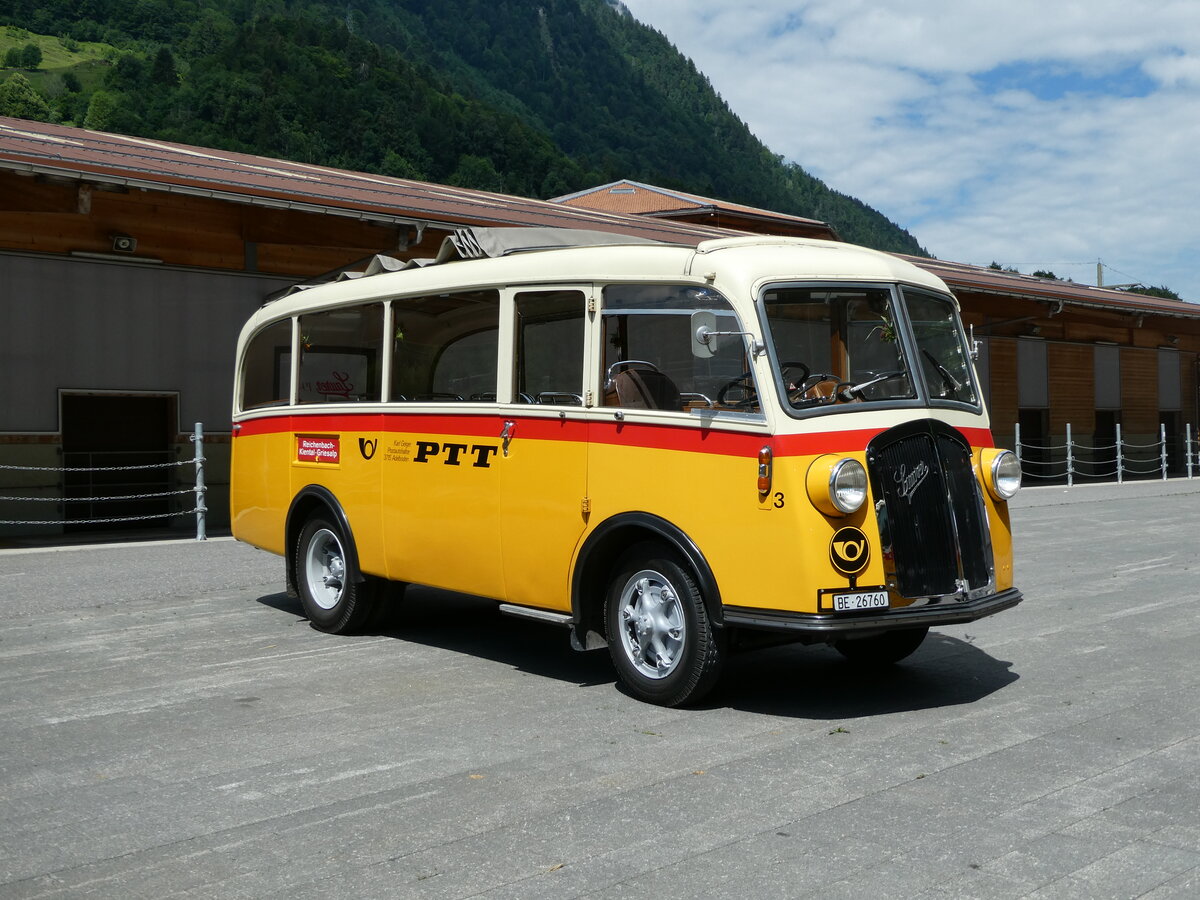 (237'584) - Schmid, Thrishaus - Nr. 3/BE 26'760 - Saurer/Gangloff (ex Geiger, Adelboden Nr. 3) am 26. Juni 2022 in Mlenen, Kanderarena