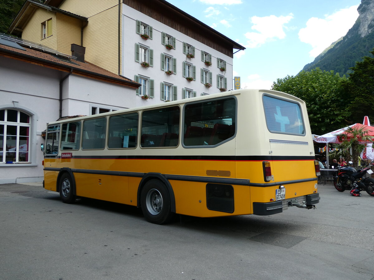 (238'794) - Aus Deutschland: Fischer, Weilheim - ES-GR 745H - FBW/Hess (ex Tiemann, CH-Oetwil Nr. 21; ex Roki, CH-Heimberg; ex P 23'421) am 1. August 2022 in Innertkirchen, Hotel Hof+Post