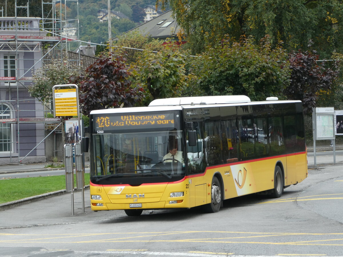 (240'683) - TPC Aigle - Nr. 22/VS 205'620 - MAN (ex TPC Aigle Nr. CP14) am 8. Oktober 2022 beim Bahnhof Monthey CFF