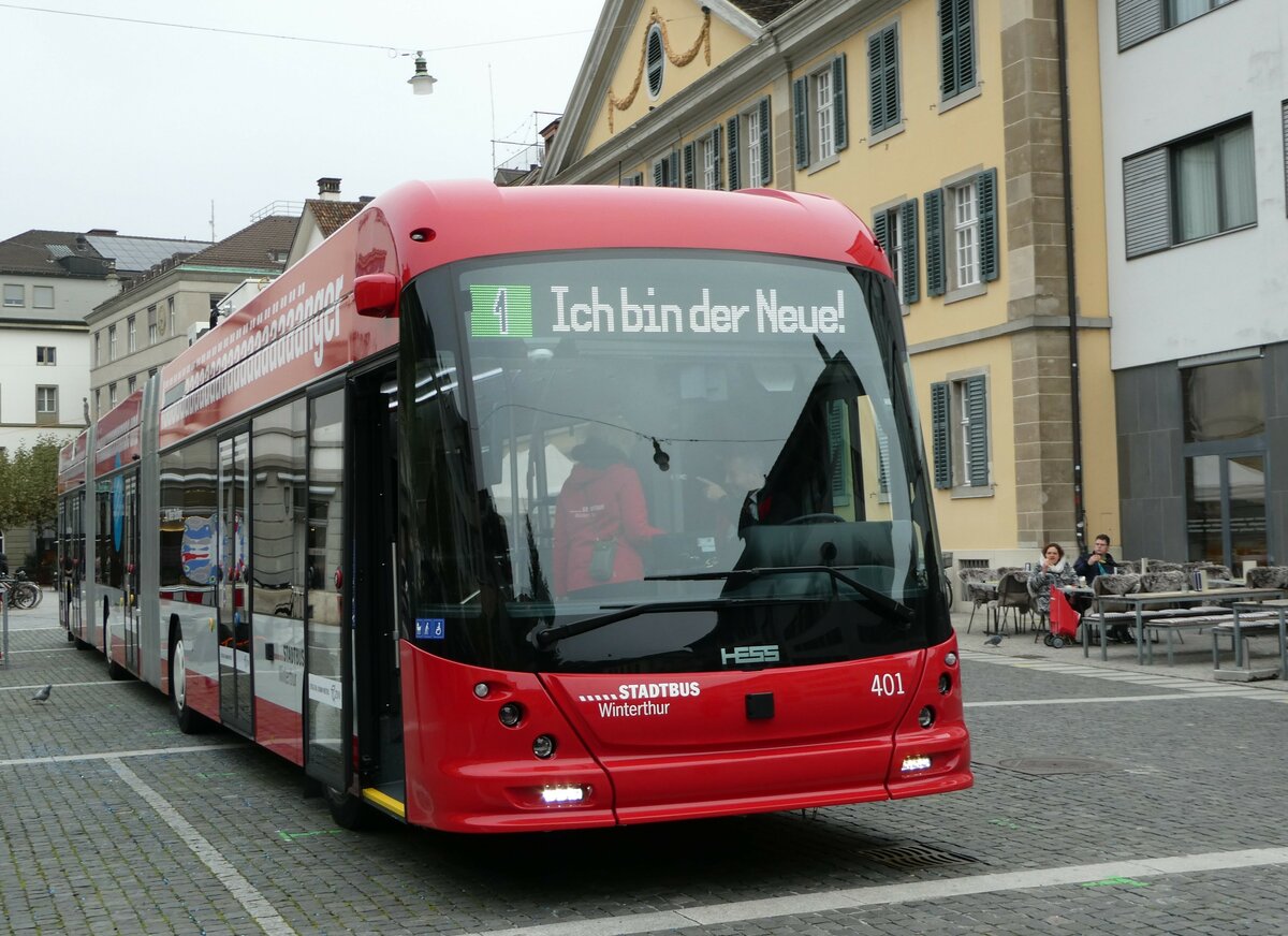 (242'486) - SW Winterthur - Nr. 401 - Hess/Hess Doppelgelenktrolleybus am 12. November 2022 in Winterthur, Neumarkt