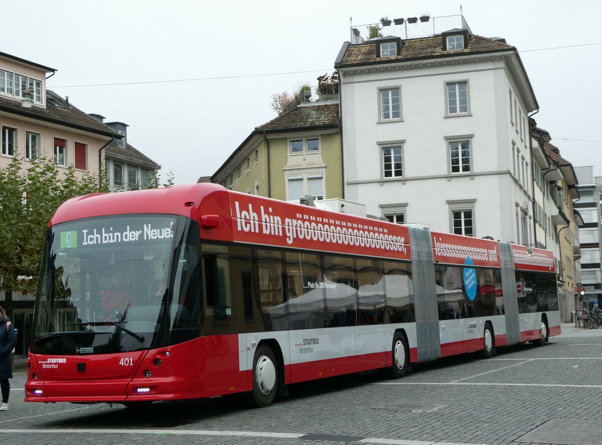 (242'490) - SW Winterthur - Nr. 401 - Hess/Hess Doppelgelenktrolleybus am 12. November 2022 in Winterthur, Neumarkt