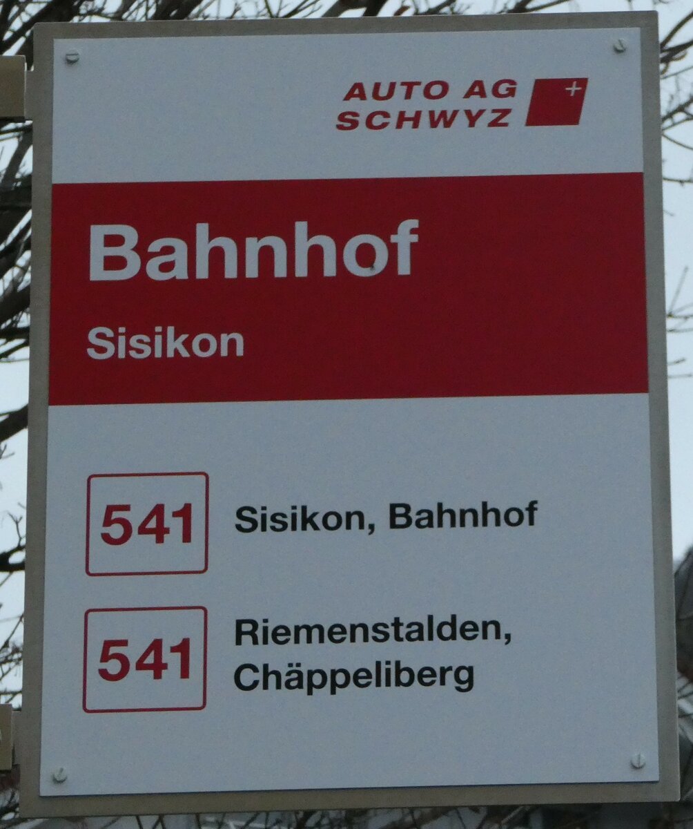 (243'564) - AUTO AG SCHWYZ-Haltestellenschild - Sisikon, Bahnhof - am 7. Dezember 2022