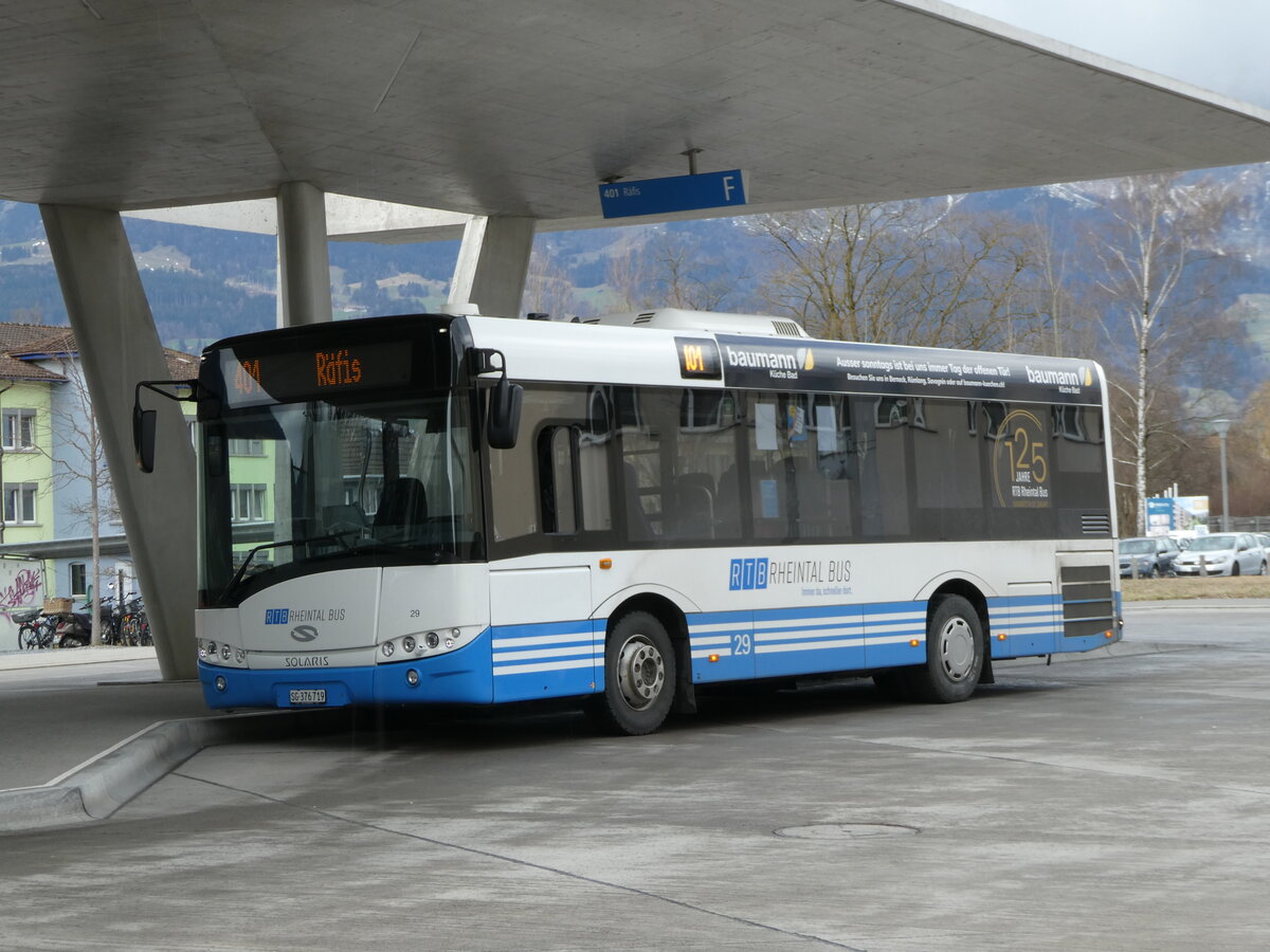 (247'002) - RTB Altstätten - Nr. 29/SG 376'719 - Solaris am 9. März 2023 beim Bahnhof Buchs