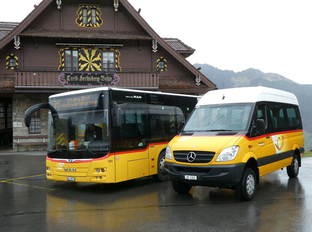 (247'103) - TSB Seelisberg - UR 1303/PID 4836 - Mercedes (ex Schnider, Schüpfheim) am 10. März 2023 beim Bahnhof Seelisberg