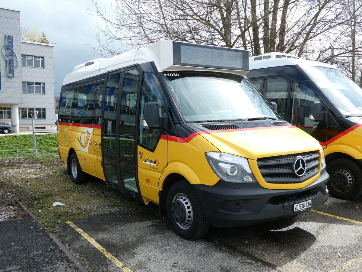 (247'644) - CarPostal Ouest - VD 538'136/PID 11'030 - Mercedes (ex AVJ Les Bioux) am 25. Mrz 2023 in Yverdon, Garage