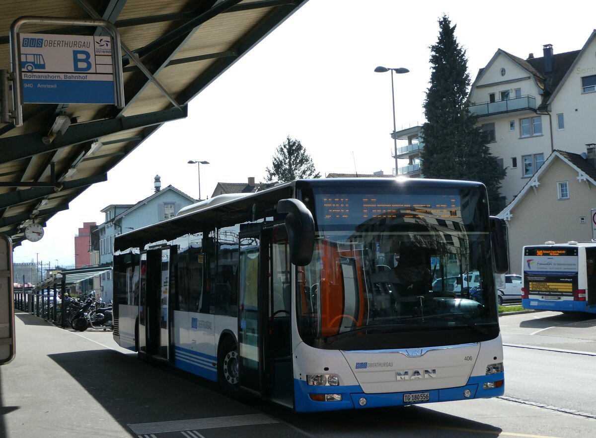 (248'128) - BOTG Amriswil - Nr. 406/TG 180'556 - MAN (ex Nr. 2) am 6. April 2023 beim Bahnhof Romanshorn