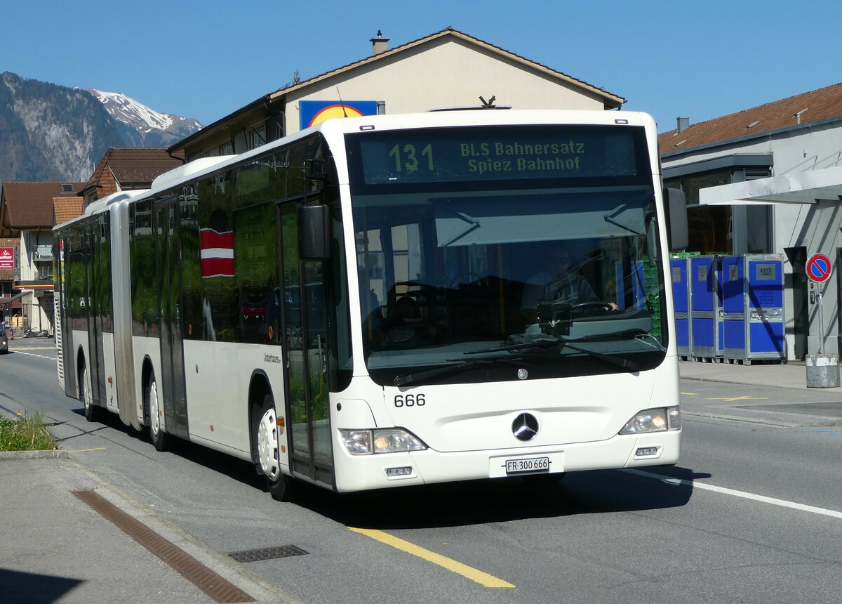 (249'472) - Intertours, Domdidier - Nr. 666/FR 300'666 - Mercedes (ex STI Thun Nr. 136) am 3. Mai 2023 in Spiez, Ltschbergplatz