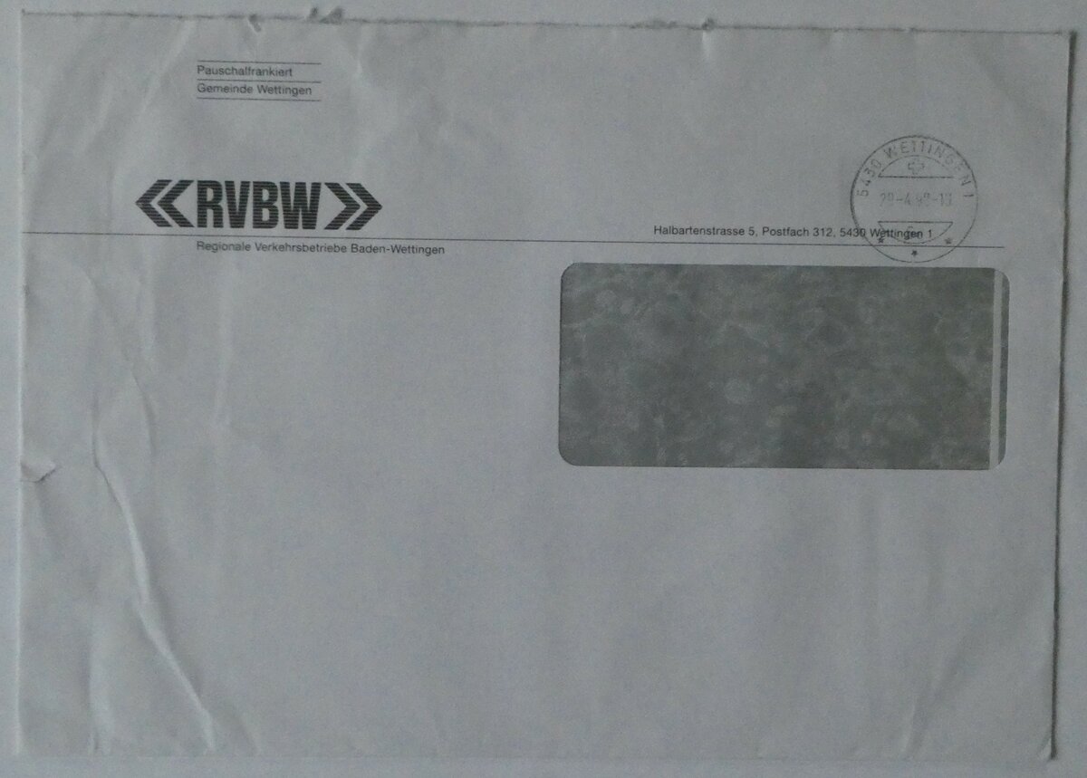 (252'517) - RVBW-Briefumschlag vom 29. April 1998 am 9. Juli 2023 in Thun