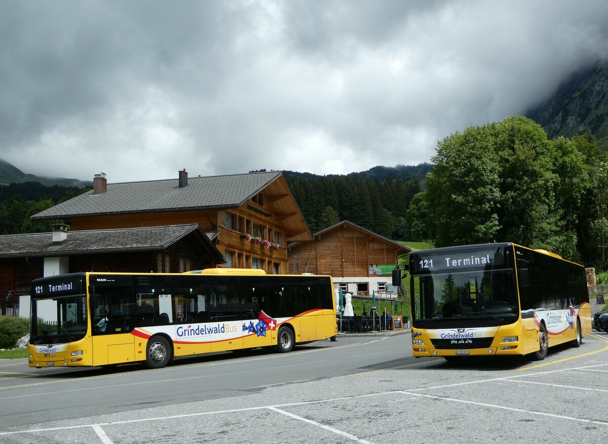 (253'409) - Grindelwaldbus, Grindelwald - Nr. 12/BE 356'085 - MAN + Nr. 15/BE 525'871 - MAN am 5. August 2023 in Grindelwald, Oberer Gletscher