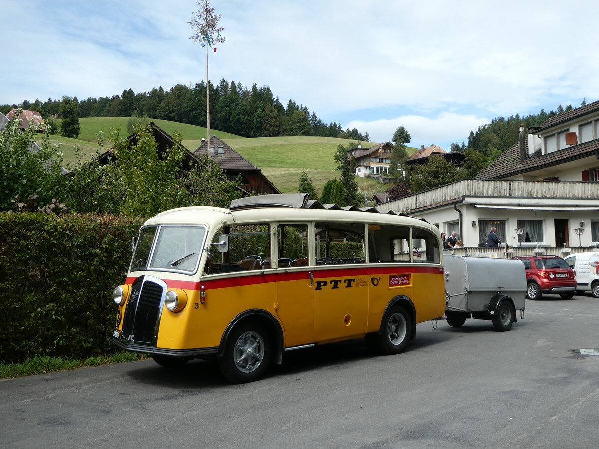 (253'548) - Schmid, Thrishaus - Nr. 3/BE 26'760 - Saurer/Gangloff (ex Geiger, Adelboden Nr. 3) am 9. August 2023 in Rinderbach, Rest. zur Sge