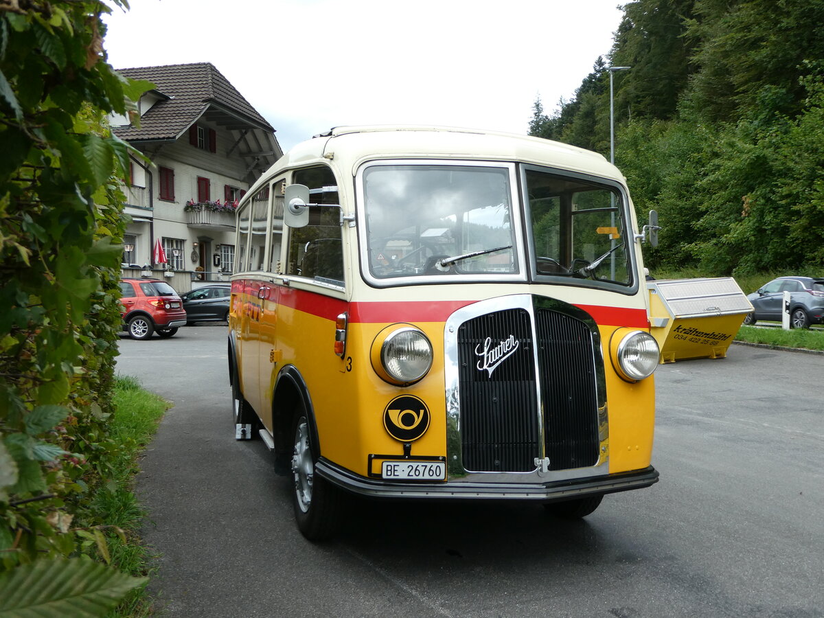 (253'553) - Schmid, Thrishaus - Nr. 3/BE 26'760 - Saurer/Gangloff (ex Geiger, Adelboden Nr. 3) am 9. August 2023 in Rinderbach, Rest. zur Sge