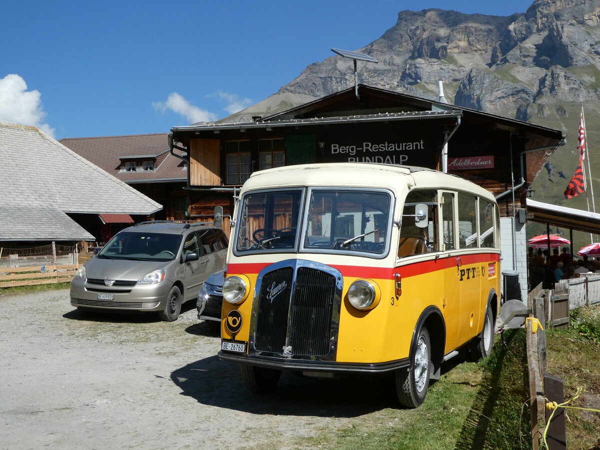 (255'108) - Schmid, Thrishaus - Nr. 3/BE 26'760 - Saurer/Gangloff (ex Geiger, Adelboden Nr. 3) am 10. September 2023 auf der Bundalp