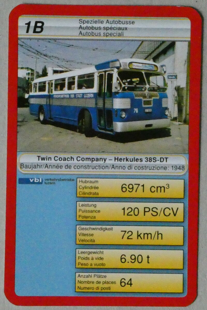 (257'185) - Quartett-Spielkarte mit VBL-Twin Coach Company-Herkules Nr. 76 am 19. November 2023 in Thun