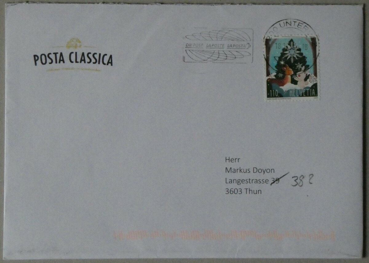 (258'122) - Posta Classica-Briefumschlag vom 18. Dezember 2023 am 5. Januar 2023 in Thun