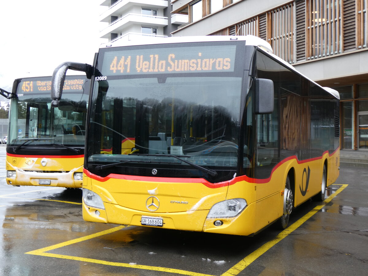 (259'550) - PostAuto Graubnden - Nr. 10/GR 168'604/PID 12'089 - Mercedes am 23. Februar 2024 beim Bahnhof Ilanz