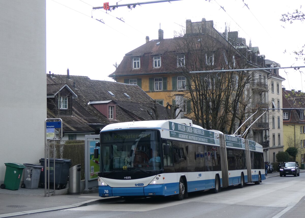 (260'146) - VBZ Zrich - Nr. 76 - Hess/Hess Doppelgelenktrolleybus am 4. Mrz 2024 in Zrich, Klusplatz