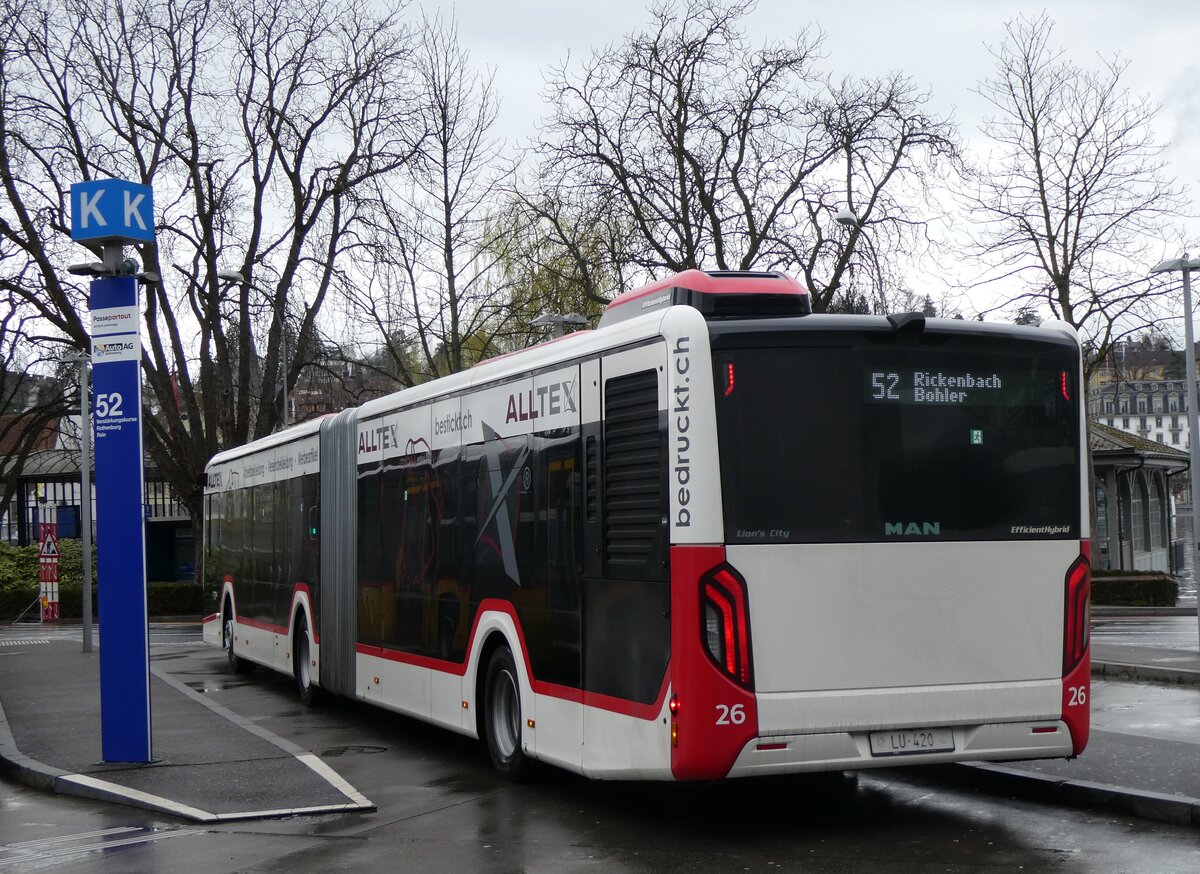 (260'264) - AAGR Rothenburg - Nr. 26/LU 420 - MAN am 12. Mrz 2024 beim Bahnhof Luzern