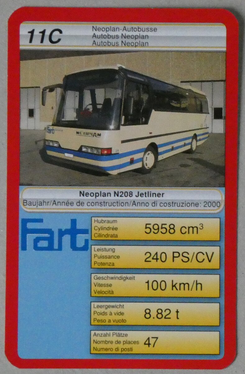 (261'061) - Quartett-Spielkarte mit Fart Neoplan N208 Jetliner Nr. 54 am 7. April 2024 in Thun