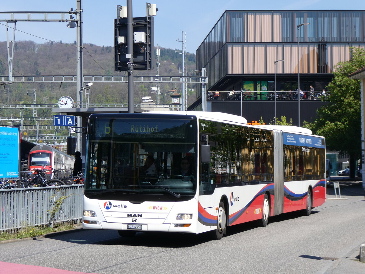 (261'161) - Indermhle, Rekingen - Nr. 130/AG 534'954 - MAN (ex RVBW Wettingen Nr. 161) am 12. April 2024 beim Bahnhof Baden