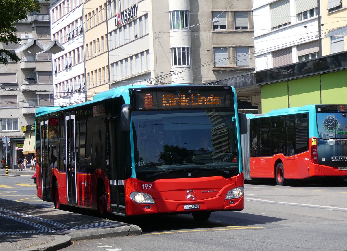 (265'293) - VB Biel - Nr. 199/BE 485'199 - Mercedes (ex Binggeli, Studen) am 30. Juli 2024 beim Bahnhof Biel