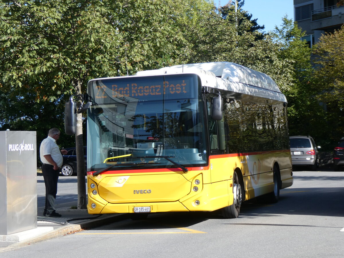 (266'215)  Gessinger, Bad Ragaz - GR 185'401/PID 11'898 - eHeuliez-Iveco am 27. August 2024 beim Bahnhof Landquart