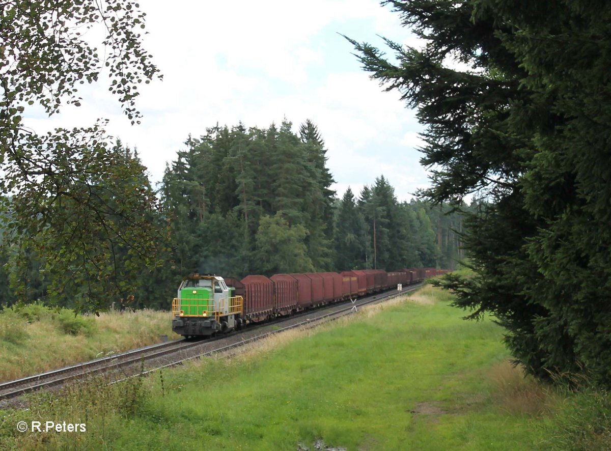 277 004 alias V1700.03 mit einem leeren Holzzug aus Wiesau nach Cheb kurz vor Pechbrunn. 30.07.16