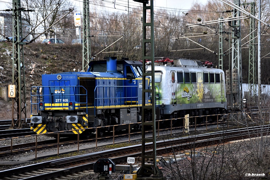 277 405 der EVB und 140 002-7 von sunrail waren abgestellt beim bf hh-harburg,24.03.17