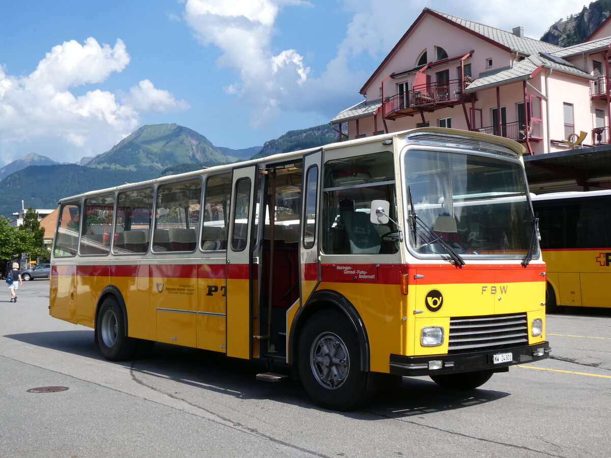 (277'379) - Lambach, Gommiswald - NW 24'301 - FBW/Eggli (ex Tanner+Lambach, Reigoldswil; ex Lambach, Rieden; ex Meier, Grt; ex AVG Grindelwald Nr. 13; ex P 24'182) am 1. Juli 2025 beim Bahnhof Meiringen