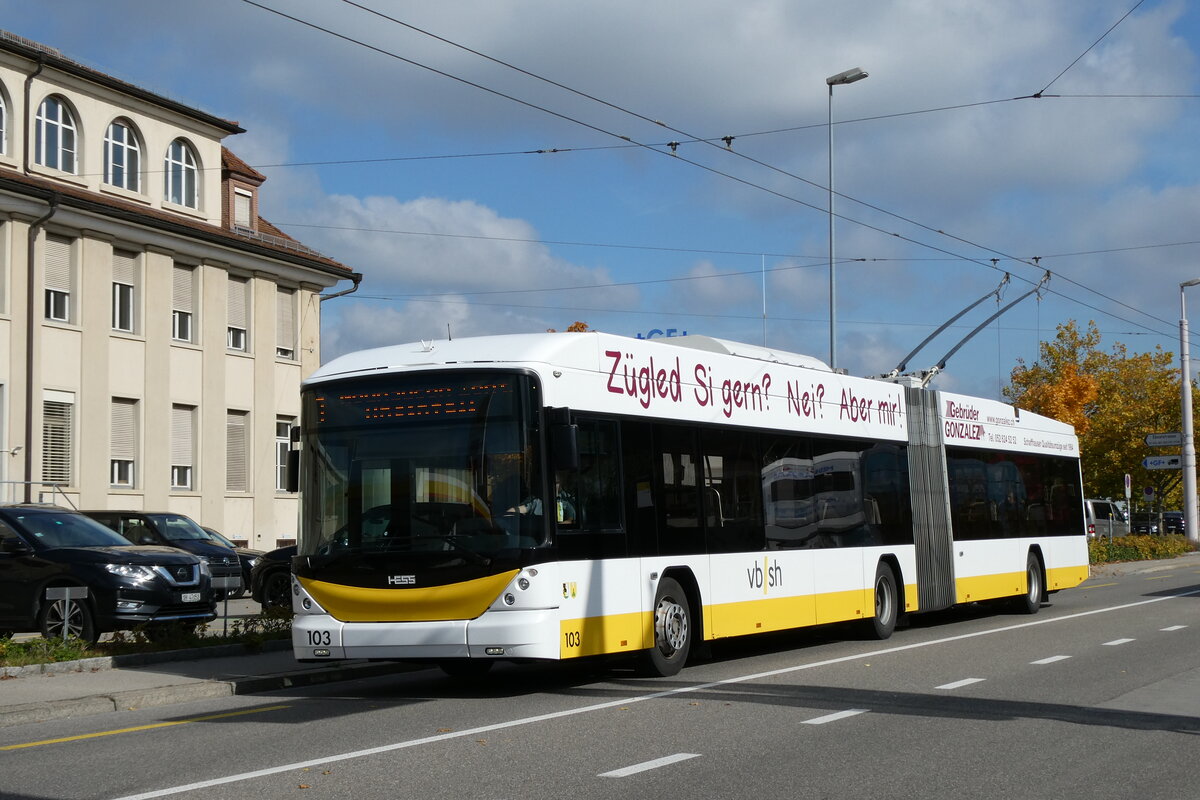 281'127) - VBSH Schaffhausen - Nr. 103 - Hess/Hess Gelenktrolleybus am 10. Oktober 2025 in Schaffhausen, Ebnat