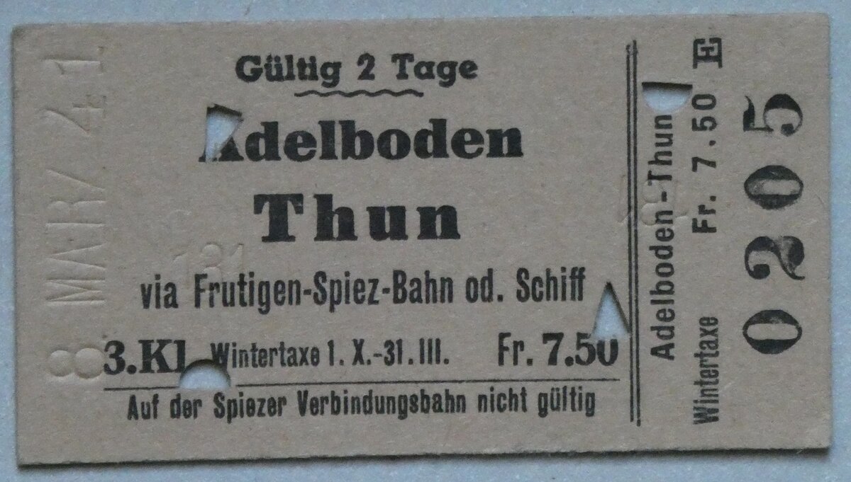 (285'179) - AFA-Einzelbillet vom 8. M�rz 1941 am 2. M�rz 2026 in Thun