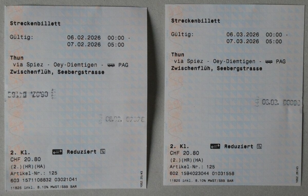 (285'325) - SBB/PAG-Einzelbillette am 9. M�rz 2026 in Thun