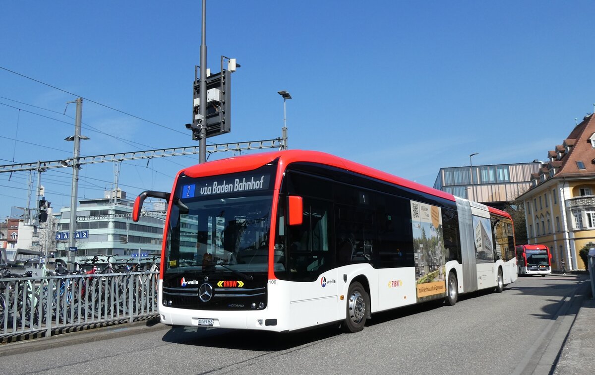 (285'538) - RVBW Wettingen - Nr. 100/AG 599'366 - eMercedes am 19. M�rz 2026 beim Bahnhof Baden