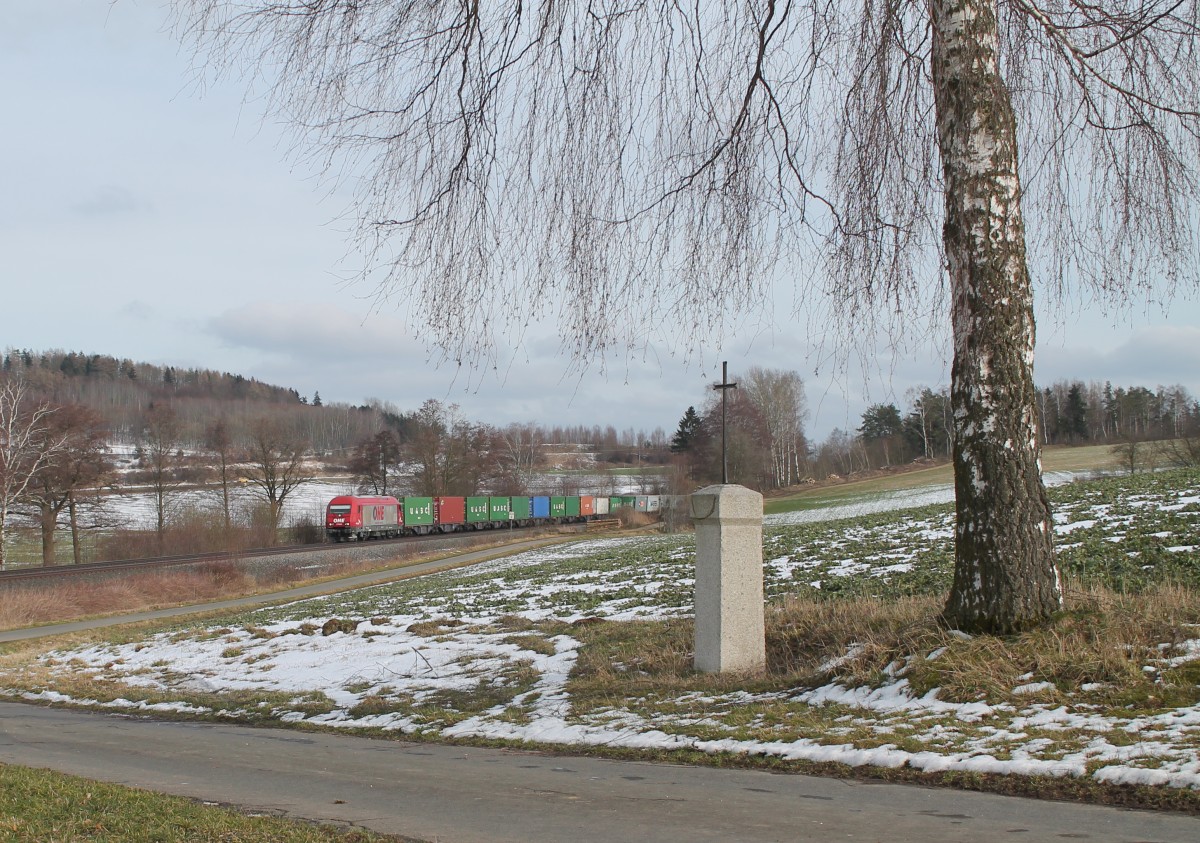 290082 mit dem Wiesau Containerzug nach Hamburg bei Lengenfeld. 04.03.16