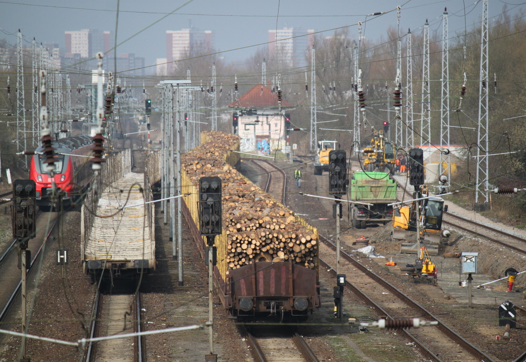 2xHolzzge abgestellt im Bahnhof Rostock-Bramow recht´s finden bis 29.04.2015 Baumanahmen statt.10.04.2015