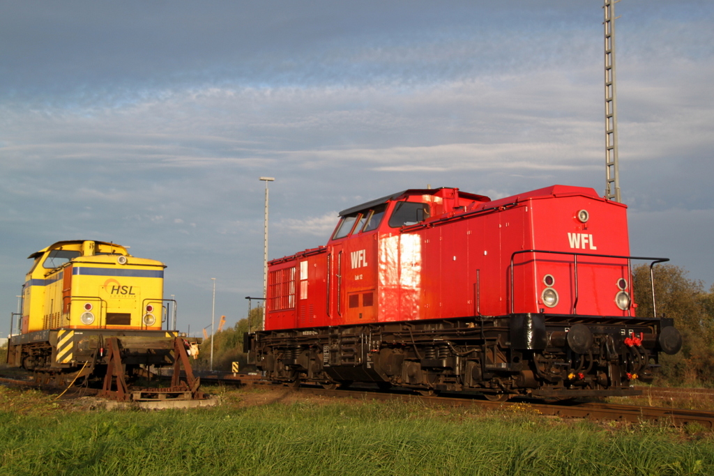 346 826-1 der Firma HSL und 293 021-2(WFL Lok 12)hatten am 19.10.2014 im Rostocker Seehafen Wochenendruhe.