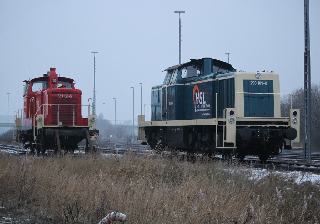 363 121-5+ 290 189-0 der Firma HSL Logistik GmbH(HSL)im Rostocker Seehafen abgestellt.10.01.2016