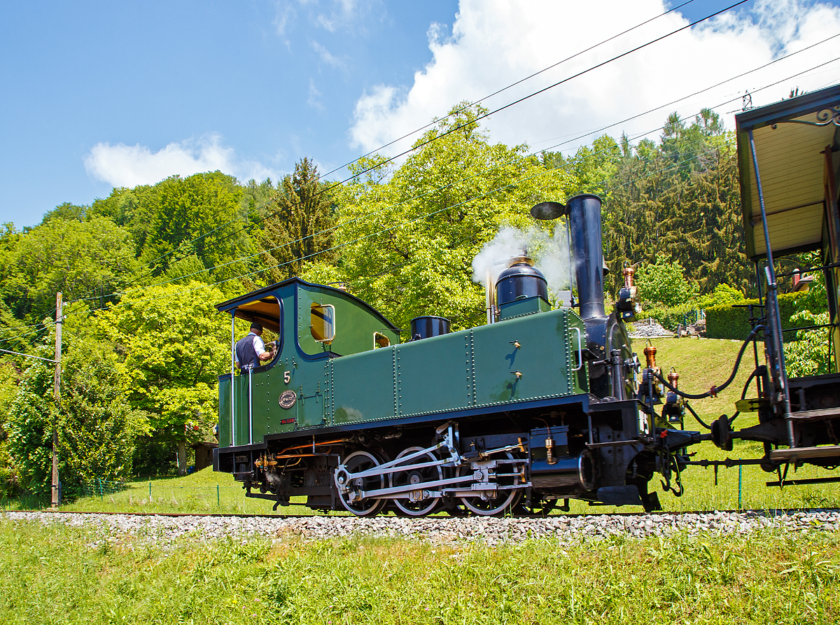 50 Jahre BC - MEGA STEAM FESTIVAL der Museumsbahn Blonay–Chamby:
Die G 3/3 LEB N 5   Bercher  fhrt am 19.05.2018 mit ihrem Zug vom Museum Chamby wieder hinunter nach Blonay, hier erreicht bald Blonay.

Die ex LEB Nr. 5   Bercher  (Lausanne–Echallens–Bercher-Bahn) wurde 1890 von der Elsssische Maschinenbau-Gesellschaft Grafenstaden (spter Socit Alsacienne de Constructions Mcaniques) unter der Fabriknummer 4172 gebaut und an die Lausanne–Echallens–Bercher-Bahn geliefert. Im Jahr 1934 wird sie dann an die Baustelle der Staumauer Grande-Dixence verkauft, diese verlsst sie aber 1939 und geht nach Vorarlberg in sterreich. 1967 schlitterte sie in einem Kindergarten in Feldkirch und dort wurden sie von Mitgliedern von Blonay-Chamby gefunden und kam 1973, im Tausch gegen eine andere Dampfmaschine, zur Museumsbahn Blonay–Chamby.

Die Lausanne–Echallens–Bercher-Bahn, abgekrzt LEB, franzsisch Chemin de fer Lausanne–Echallens–Bercher, ist eine meterspurige Privatbahn. Die knapp 24 Kilometer lange Strecke fhrt vom Stadtzentrum von Lausanne (Flon) durch die nrdlichen Vororte und weiter nach Echallens und Bercher im Gros de Vaud, dem Waadtlnder Hinterland. Die LEB ist eine moderne Vorortbahn, die in Lausanne teilweise unterirdisch verkehrt. Die Zge fahren alle 30 Minuten (zwischen Echallens und Bercher gibt es einige wenige Taktlcken am Vormittag). Werktags wird ein Viertelstundentakt bis Cheseaux angeboten. Von Montag bis Freitag verkehren in Lastrichtung einige beschleunigte Hauptverkehrszge. 

TECHNISCHE DATEN der LEB G 3/3 N 5  Bercher :
Baujahr:  1890
Spurweite: 1.000 mm
Achsformel: C
Lnge ber Puffer: 6.830 mm
Achsabstand: 1.800 mm (950mm / 850 mm)
Dienstgewicht: 20,4 t
Anzahl der Zylinder: 2
Zylindergre:  270 mm x 370 mm Kolbenhub
Treibraddurchmesser:  810 mm
Hchstgeschwindigkeit.:  25 km/h
Kesselberdruck:  12 bar
Kohlevorrat: 0,8 t
Wasservorrat: 2,2 m