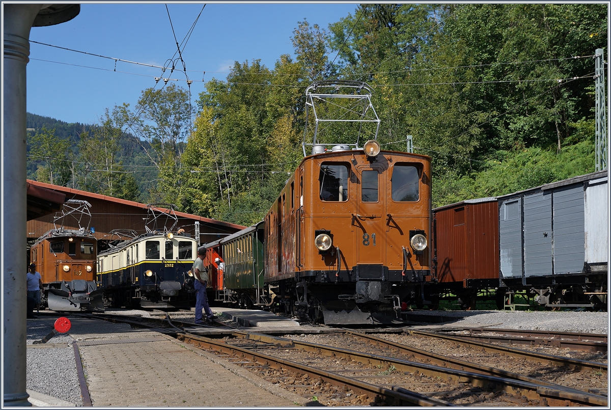 50 Jahre Blonay Chamby - MEGA BERNINA FESTIVAL: Die BB Ge 4/4 81 ist mit ihrem Zug aus Blonayin Chaulin eingetroffen. Im Hintergrund steht der FZe 6/6 der MOB und die RhB Gastlok Ge 4/4 182.
9. Sept. 2018