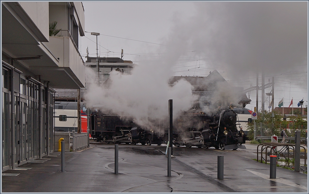 50 Jahre Blonay - Chamby; Mega Steam Festival: Die Fo HG 3/4 N° 4 und die BFD HG 3/4 N° 3 dampfen in Vevey vor ihrem  Zug nach Chaulin.

13. Mai 2018