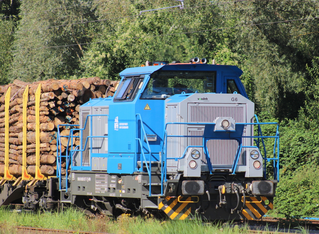 650 077-7 stellte am Nachmittag des 06.09.2025 im Bahnhof Rostock-Bramow den Holzzug nach Stendal-Niedergörne bereit.