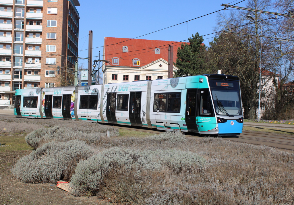 6N-2 Wagen 601 als Linie 1 von Rostock-Mecklenburger Allee nach Rostock-Hafenallee am Neuen Markt in Rostock.07.03.2025