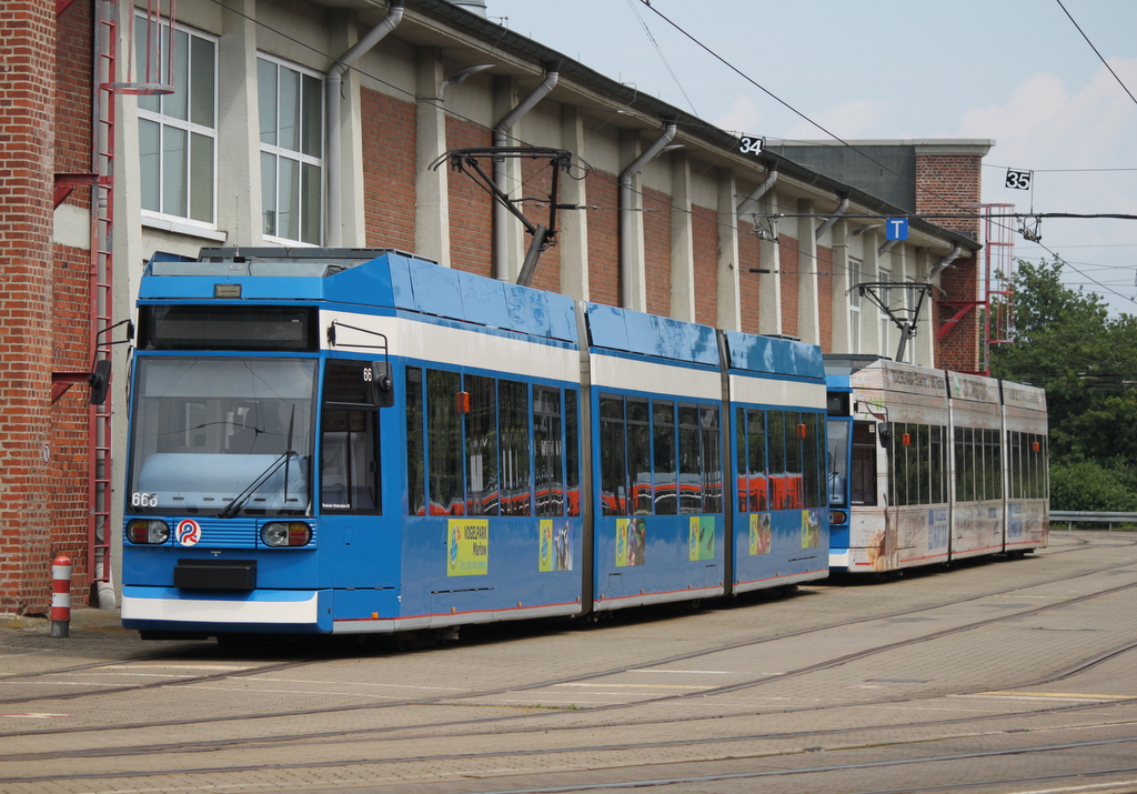 6N1 Wagen 668 und 655 abgestellt auf dem Betriebshof der Rostocker Straßenbahn AG.07.07.2017