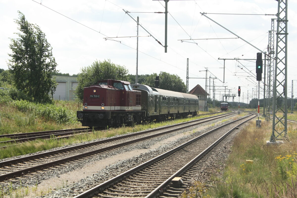 772 140 und 772 141 sowie 114 703 (203 230) bei Rangierfahrten im Bahnhof Bergen auf Rgen am 30.7.21