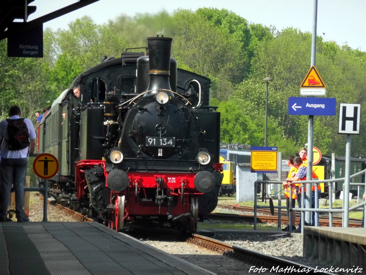 91 134 beim einfahren in den Putbusser Bahnhof am 22.5.16