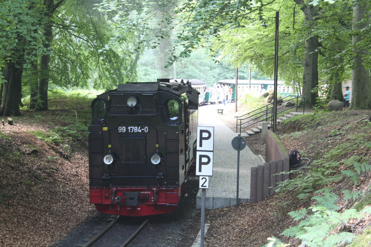 99 1784 mit Ziel Ostseebad Ghren am Bedarfshaltepunkt Jagdschloss Granitz am 28.7.21